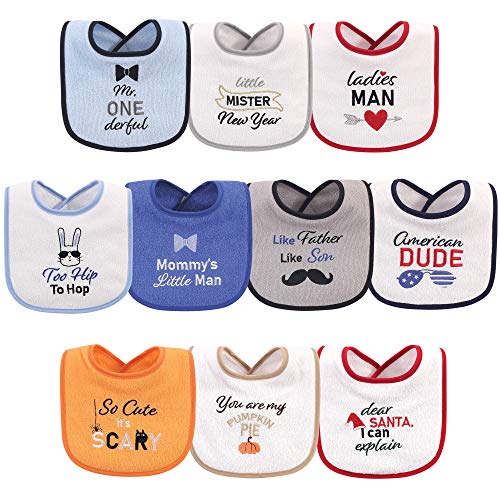 Image of Hudson Baby Unisex Baby Cotton Terry Drooler Bibs with Fiber Filling, Holiday Boy Onederful, One Size