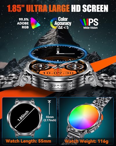 85" Big Screen Military Smart Watch for Men with Flashlight | IP68 Waterproof | Heart Rate & Sleep Monitor for Men | 114