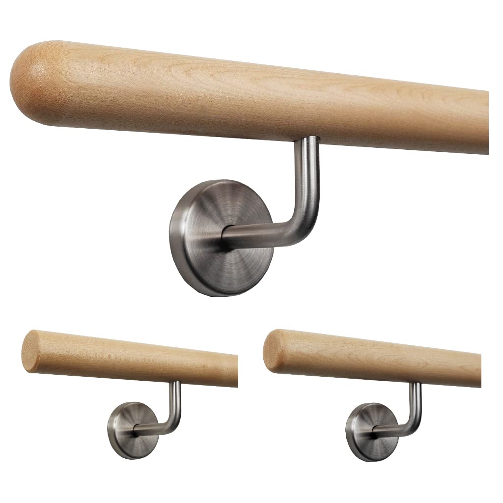 TIBU Handlauf Holz Ahorn Ø 35 mm für Geländer Länge 200 cm + 3 Halter und Enden Halbkugel gefräst
