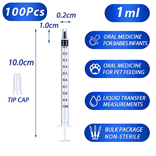 Image of 100 Pack 1ml Syringe with Cap for Liquid, 1cc Plastic Small Syringes with Cover, Non-Sterile, No Needle