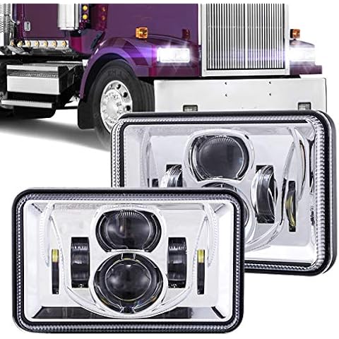 BICYACO 1 Pair 4x6 Inch LED Headlights 60W High Low Beam H4651 H4652 H4656 H4666 H6545 Projector Lens for Peterbil Kenworth Freightinger Ford 1985-1997 S10 Probe Oldsmobile Cutlass- Chrome Cover