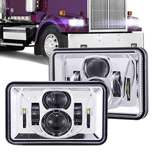 Image of BICYACO 1 Pair 4x6 Inch LED Headlights 60W High Low Beam H4651 H4652 H4656 H4666 H6545 Projector Lens for Peterbilt Kenworth Freightinger Ford 1985-1997 S10 Probe Oldsmobile Cutlass- Chrome
