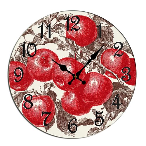 Horienteeon Reloj de pared de frutas de manzana, redondo, de 25,4 cm, de madera, decorativo, de madera, funciona con pilas, silencioso, para dormitorio, sala de estar, cocina, cafetería