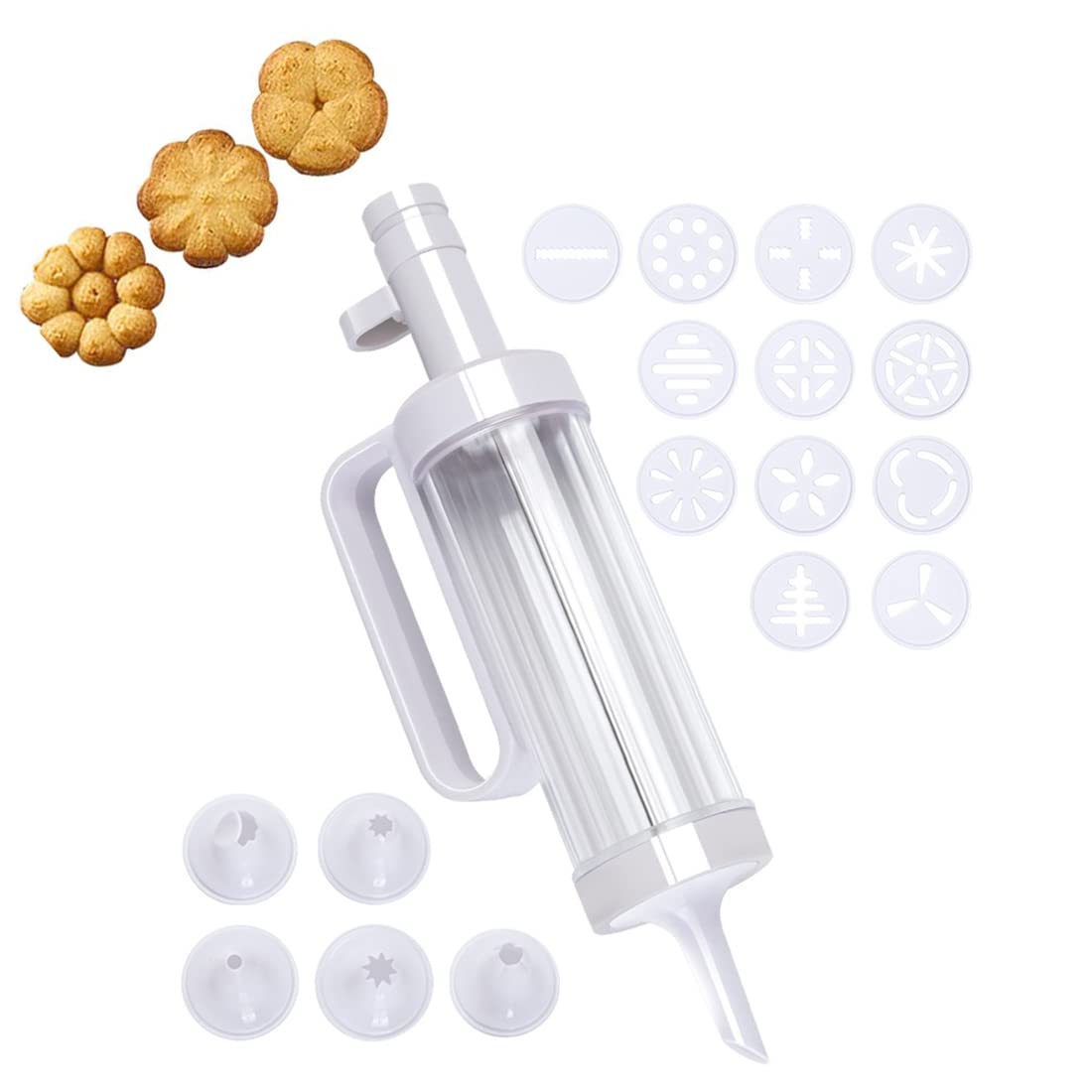 TERRIFI Dessert Decorating Syringe Set Manual Cookie Maker with 12 Cooking Decorating Discs and 5 Funnel Icing Tips for DIY Biscuit Maker and Decoratio