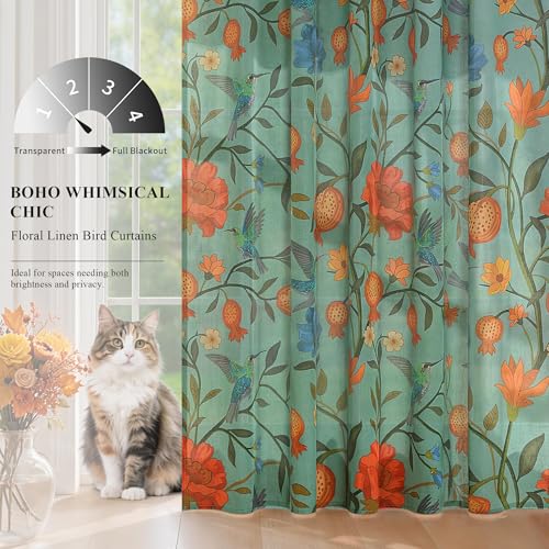 Image of JOOJA 54 Inch Boho Floral Curtains Tropical Bird Print Linen Semi Sheer Window Drapes for Kitchen, Bedroom, Bathroom, Living Room, Dining Room, Green