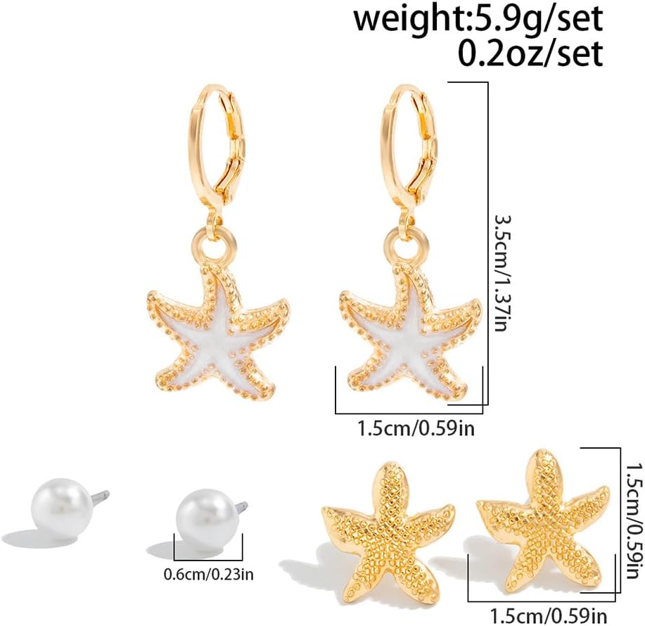 3Pair Boho Cute Gold Sea Star Shell Hoop Earrings for Women Statement Delicate Enamel Starfish Drop Dangle Earring Pearl Stud Beach Party Jewelry Gift - Image 2
