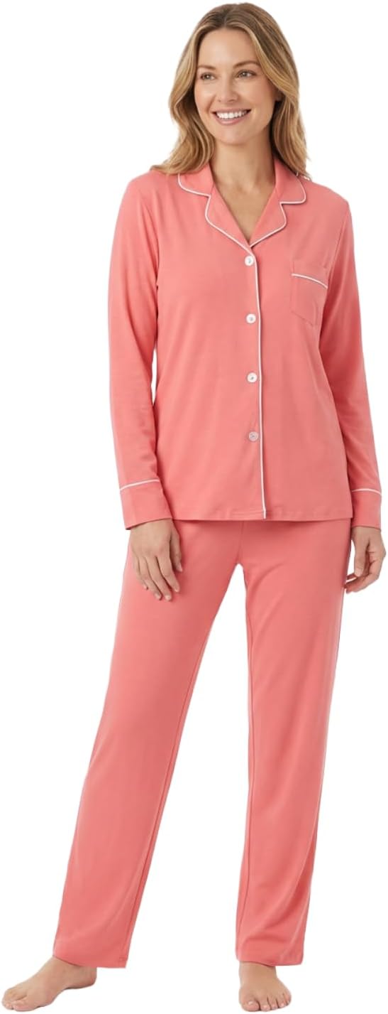 Noble Mount Soft Cotton Womens Pajama Set with Long Sleeve Button Down PJ Shirt and Full Length Pajama Pants with Pockets