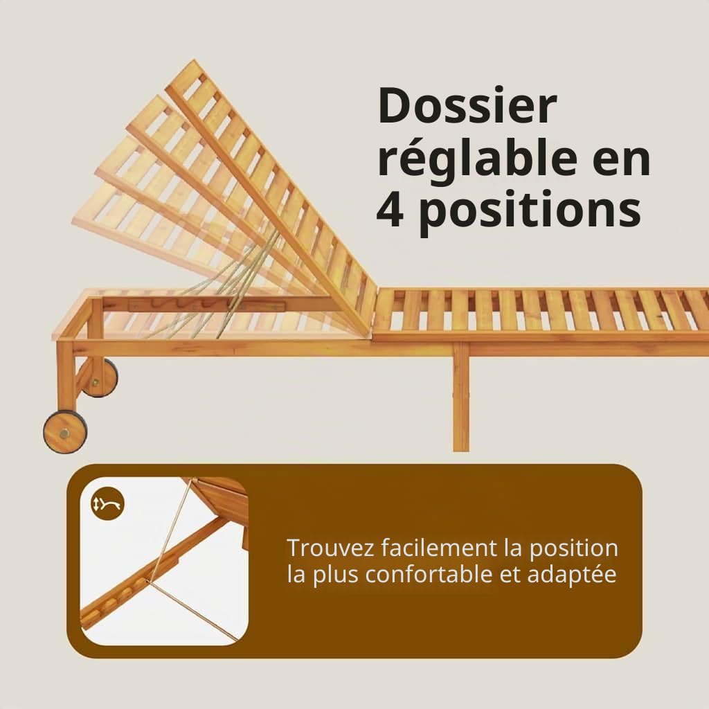 vidaXL Transat Marron 202 x 53 x 89 cm Bois d'Acacia Massif, Mobilier extérieur Moderne, transat Adjustable, Fauteuil Patio Minimaliste, résistant aux intempéries