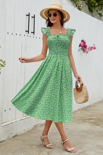 Image of Women's 2026 Spring Summer Floral Midi Dresses Square Neck Smocked Waist Beach Wedding Guest Long Flowy A Line Sundress