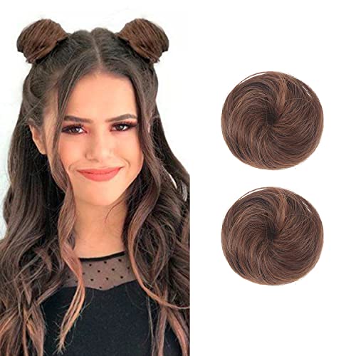 Dsoar 2PCS Mini Claw Fake Buns Straight Hair Extensions Donut Chignon Clip in Scrunchies, Light Brown, 2.0 Count