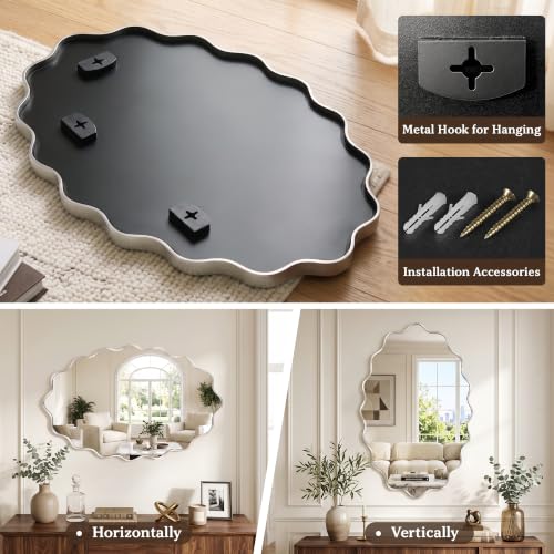 Image of Silver Oval Wall Mirror, 22 inch x 30 inch Wavy Bathroom Mirror for Wall with Brushed Alloy Steel Frame&Shatter-Proof Glass, Hanging Decorative Wall Mirrors for Bathroom Sink, Bedroom, Entryway