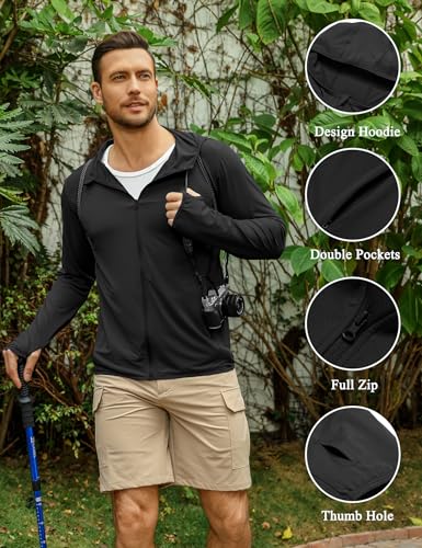 Urru Men Sun Protection Outdoor Lightweight Full Zip Hoodie Upf 50+ Jacket Long Sleeve Fishing Hiking Performance Shirt Black Xl thumb #1
