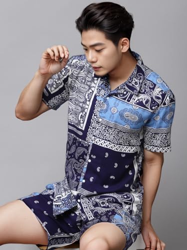Image of Rigo Men's Rayon Printed Relaxed Night Suit Set Casual Co-Ords Set|Shirt And Short Set