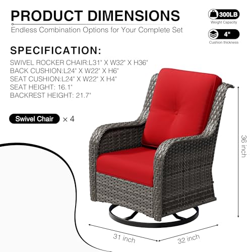 Image of Joyside 4 Piece Outdoor Swivel Rocker Patio Chairs, Wicker Patio Furniture with High Back, Deep Seating, Wide Armrest, Thickened Cushions, Outdoor Rattan Furniture for Deck, Porch Use