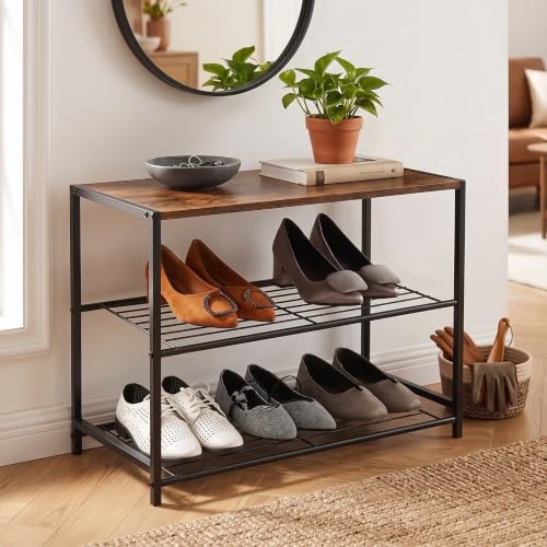 Image of Lukzer 3-Tier Shoe Rack with Wooden Shelf & Metal Shoe Organizer | Space-Saving Open Storage Shelf for Daily Footwear, Books & Indoor Plants Multipurpose Rack for Home (Black & Oak /63 x 43 x 30 cm)