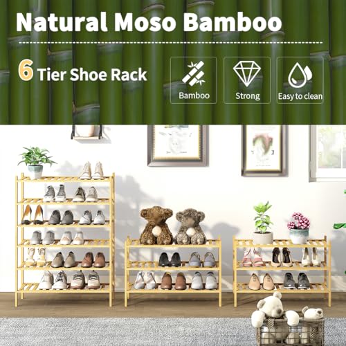 Image of 6-Tier Bamboo Shoe Rack for Entryway, Stackable | Heavy Duty | Multi-Function, Free Standing Shoe Racks for Bedroom Hallway Closet