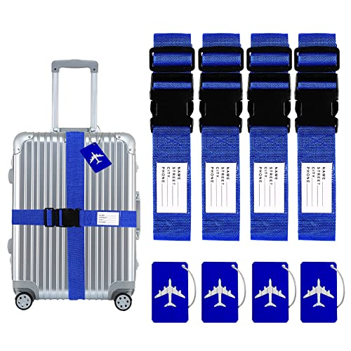 Lot de 4 sangles de bagage personnalisées, sangles réglables pour valise, étiquettes de bagage en silicone, étiquettes de bagage de voyage avec nom et carte d'identité pour bagages (4 x bleu) Cover