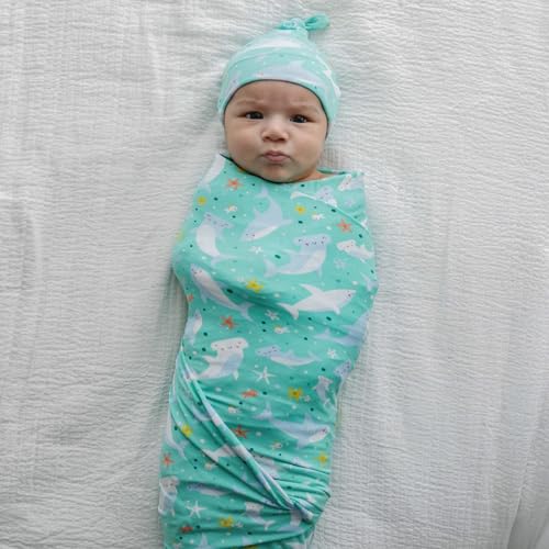Image of Little Sleepies Swaddle & Hat Set, Baby Swaddles Newborns, Soft Viscose from Bamboo Swaddle Blanket Wrap (Shark Soiree)