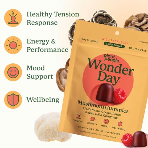 Plant People WonderDay Mushroom Gummies - Lion’s Mane, Cordyceps, Chaga Mushroom Supplement to Support Immune System De-Stress Boost Mood & Energy in Adults Natural, Vegan, Non-GMO (60 Count) - Thumbnail 4