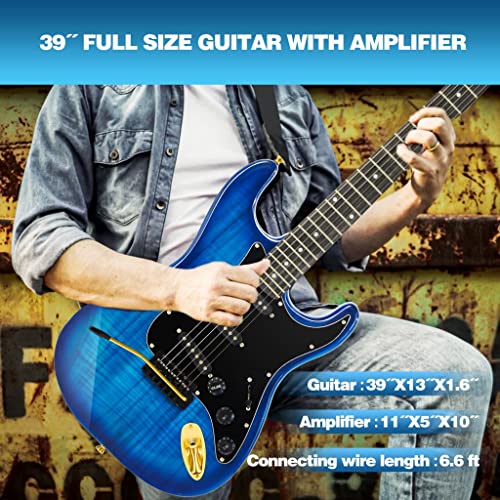 Mustar Electric Guitar Kit, 39 Inch Full Size Solid Wood Electric Bass Guitar Beginner Kits For Christmas Holiday Gifts, 25W Amplifier, Gig Bag, Digital Tuner, Capo, Strap, Cable And Picks, Blue #TOP5