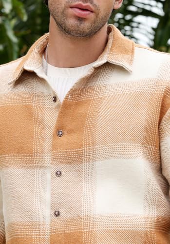 Image of CAHOOT Men's Vignette Checkered Oversized Shirt | Spread Collar, Long Single Button Cuff Sleeves | Button, Straight Hem | Plaid Twill | Woven Fabric for Casual Tan Brown:Off White