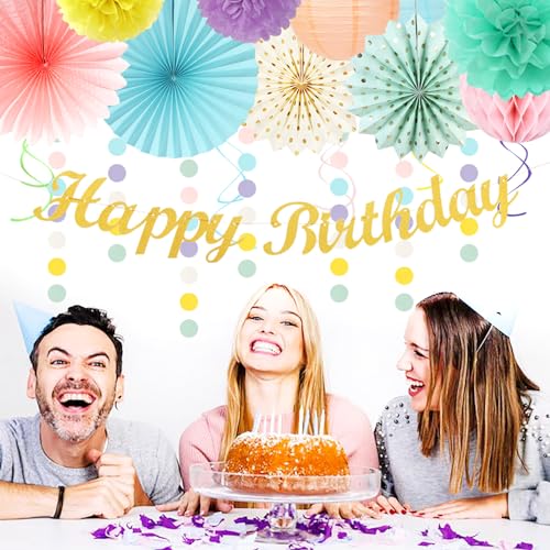 Image of Pastel-Rainbow Classroom Girls Birthday Party-Decorations - 21pcs Happy Banner Decor, Colorful Paper Streamers Lanterns,Tissue Pom Poms Fan,Hanging Honeycomb Garland, Two Sweet Easter Supplies Huglony