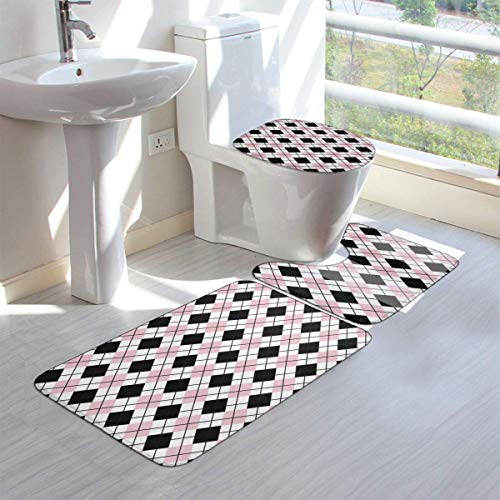 RedBeans Anti-Rutsch-Badvorleger, Flanell, 3-teilig, Schwarz/Pink/Weiß mit Argyle-Muster, Badezimmer-Set, Matten inkl… – Bild 4
