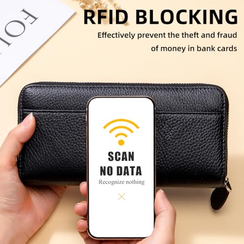Image of RFID Blocking Womens Zipper Wallet Leather Large Capacity Billfold Clutch Zip Around Wallets for Women