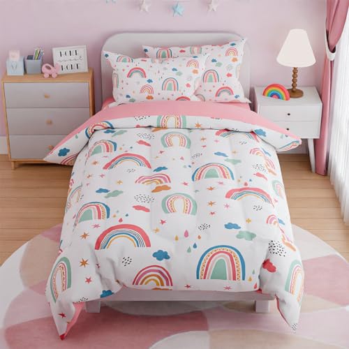 Image of SANDJEST Rainbow Full Bedding Set for Girls, Ultra Soft Microfiber Comforter Set Full Size with 4-Pieces for Kids Teen, Bed Set Comforters for Bedroom Decor