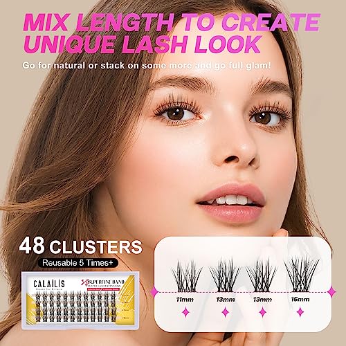 Image of CALAILIS Individual Lashes, DIY Eyelash Extensions, Super Thin Glue-based Band, Natural Look Reusable,11 /13 /13 /15mm, Lasting for 48 Hours Individual DIY Eyelashes(01YS)