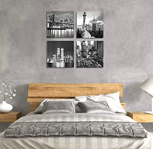 New York City Canvas Art Black And White Brooklyn Bridge Statue Of Liberty Empire State Building Contemporary Decorations For Living Room Office Bedroom Home Decor(12"X 12"X 4Pcs Framed) #TOP4