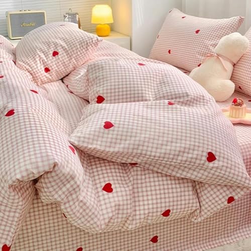 Image of Nayoroom Gingham Duvet Cover King Size Pink Plaid Red Heart Printed on White Bedding Set 3 Pcs Kids Girls Cute Heart-Shaped Comforter Cover with Zipper Closure Soft Breathable Microfiber
