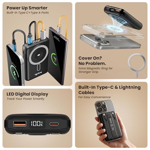 Image of Lifelong Electronics 10000mAh MagSafe Wireless Power Bank | 2 Cables - Lightning & Type C - for Wired Fast Charging | Powerbank for iPhone, iWatch and All Qi Enabled Phones & Devices | Display & Stand