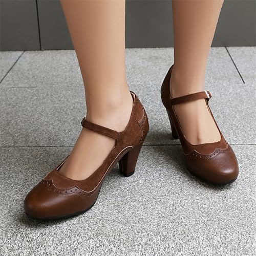 Image of Elerhythm Women's Mary Jane Classic and Retro 1920s Pump Heels Gatsby Oxford Pattern 1950s Pinup Vintage Round Closed Toe 1940s Ankle Strap Dress Shoes
