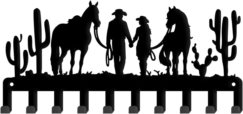 SUPERDANT Western Cowboy Couple Metal Key Hook Cowboy Cactus Decorative 10 Hooks Black Key Hanger Organizer Wall Hanging Hooks Personalized Holder Rack Dog Leash Hanger for Home Wall Front Door