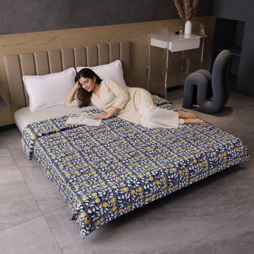 Image of Divine Casa Glace Cotton Double Bed Dohar | 120 GSM Lightweight AC Blanket | Reversible Printed Summer Quilt | 220 x 205 CM, Navy Blue & Mustard Yellow