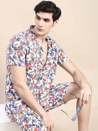 Image of SHOWOFFFF Men Printed Two-Piece Co Ords | Cuban Collar Half Sleeves Cotton Co Ords for Mens | Mid-Rise Relaxed Fit Above Knee Co Ords for Men's