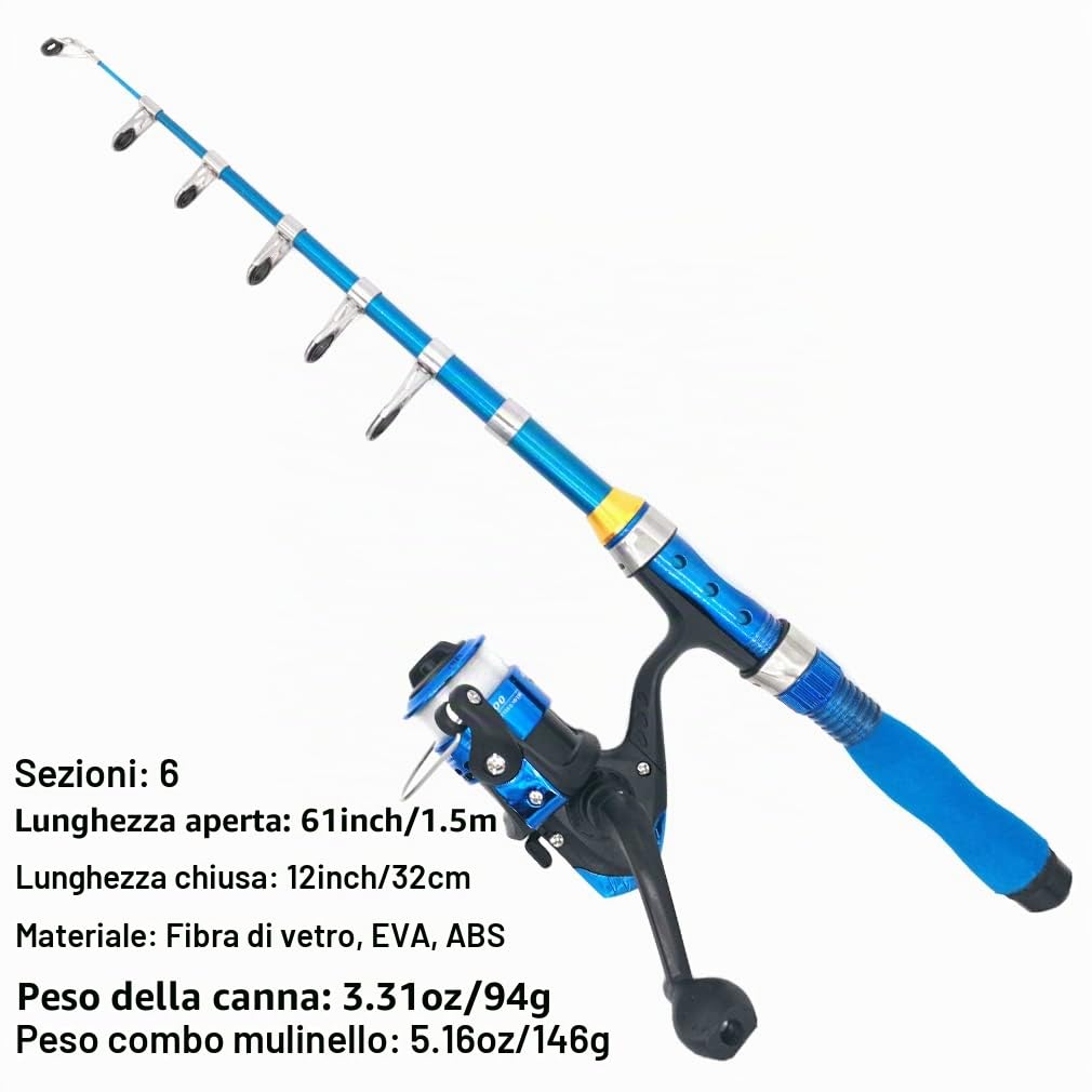 Kilitn Canna da pesca telescopica per bambini, 1,5 m, portatile e mulinello, combo e corda con lenza, kit completo, attrezzatura per ragazzi e adulti, Spinning