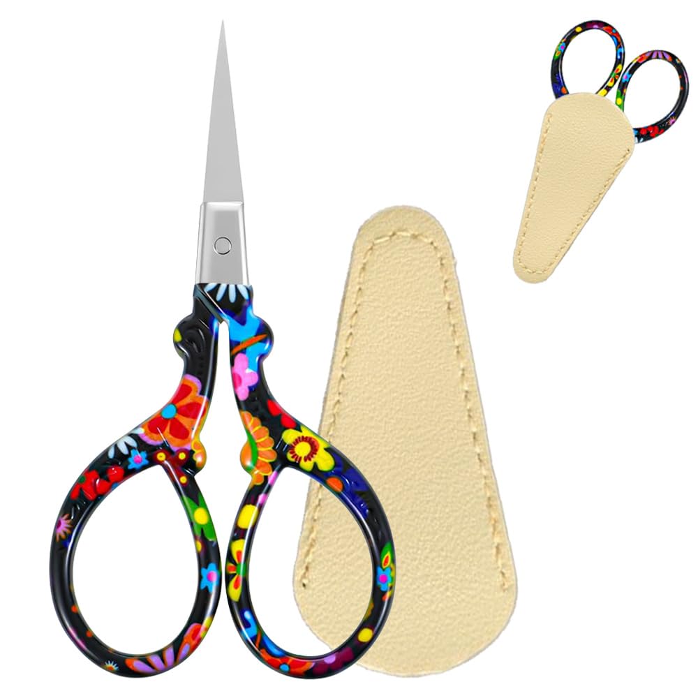 Embroidery Scissors Small Crochet Scissors Vintage Stainless Steel Sewing Scissor Pointed Tip with Protective Case for Sewing Needlework Threading Cutting Handicrafts Trimming