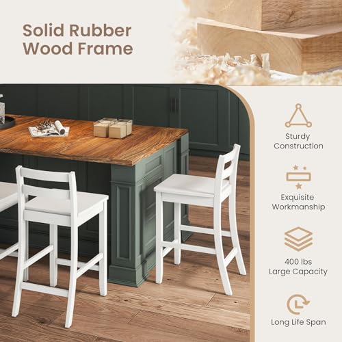 Conjunto de 4 butacos altos de madera COSTWAY de 24 pulgadas con respaldo bajo | Sillas altas estilo granja con patas de madera de caucho sólida y reposapiés para comedor, isla de cocina, pub y cafetería (blanco) miniatura 6