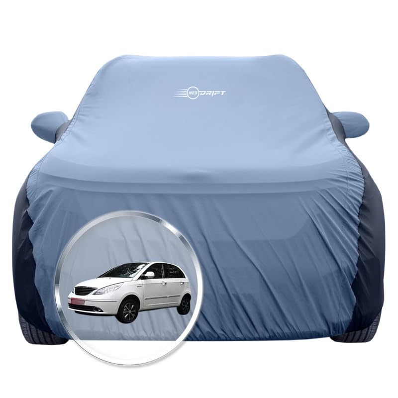 Image of NEODRIFT 'SuperTech' Car Cover for Tata Vista (100% Water-Resistant, All Weather Protection, Tailored Fit, Multi-Layered & Breathable Fabric) (Colour: L.Blue+Black)