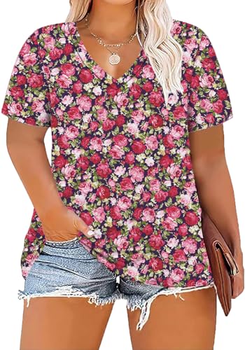 Image of ForHailey Women's Plus Size Short Sleeve Tee Shirt V Neck Basic Ladies Loose Fit T Shirt 1X-5X