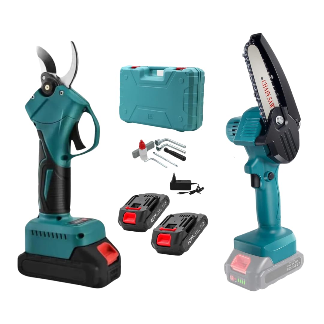 GO LOGISTIC SRL Set da potatura a batteria, forbici potatura a batteria 48VF e motosega a batteria 48VF da 6 pollici, il kit comprende 2 batterie da 48VF e valigetta IN OMAGGIO