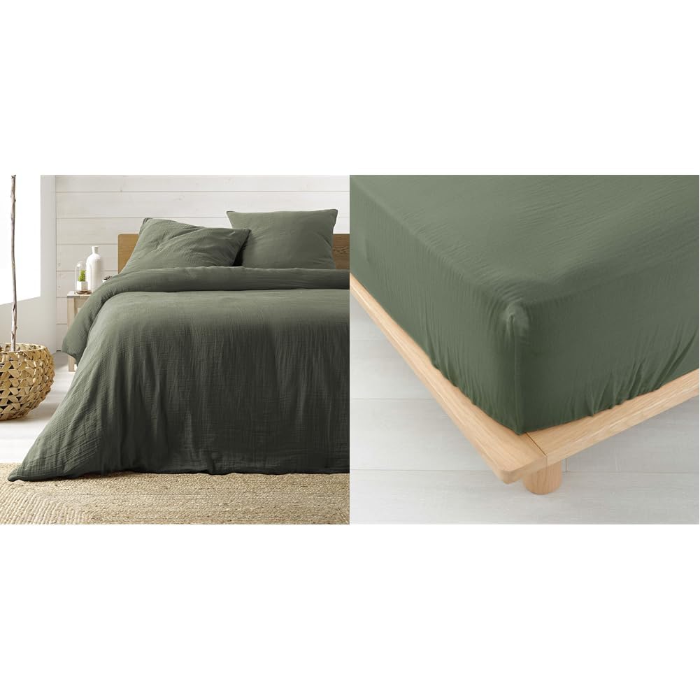 Gaze de coton Angelia Kaki parure 260x240 et drap housse pour une chambre bohème
