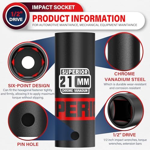 Aiourx 1/2" Drive Impact Socket, 21 mm Deep Socket, Metric, 6 Point, CR-V, Car Repair Loosen Fastening Nut
