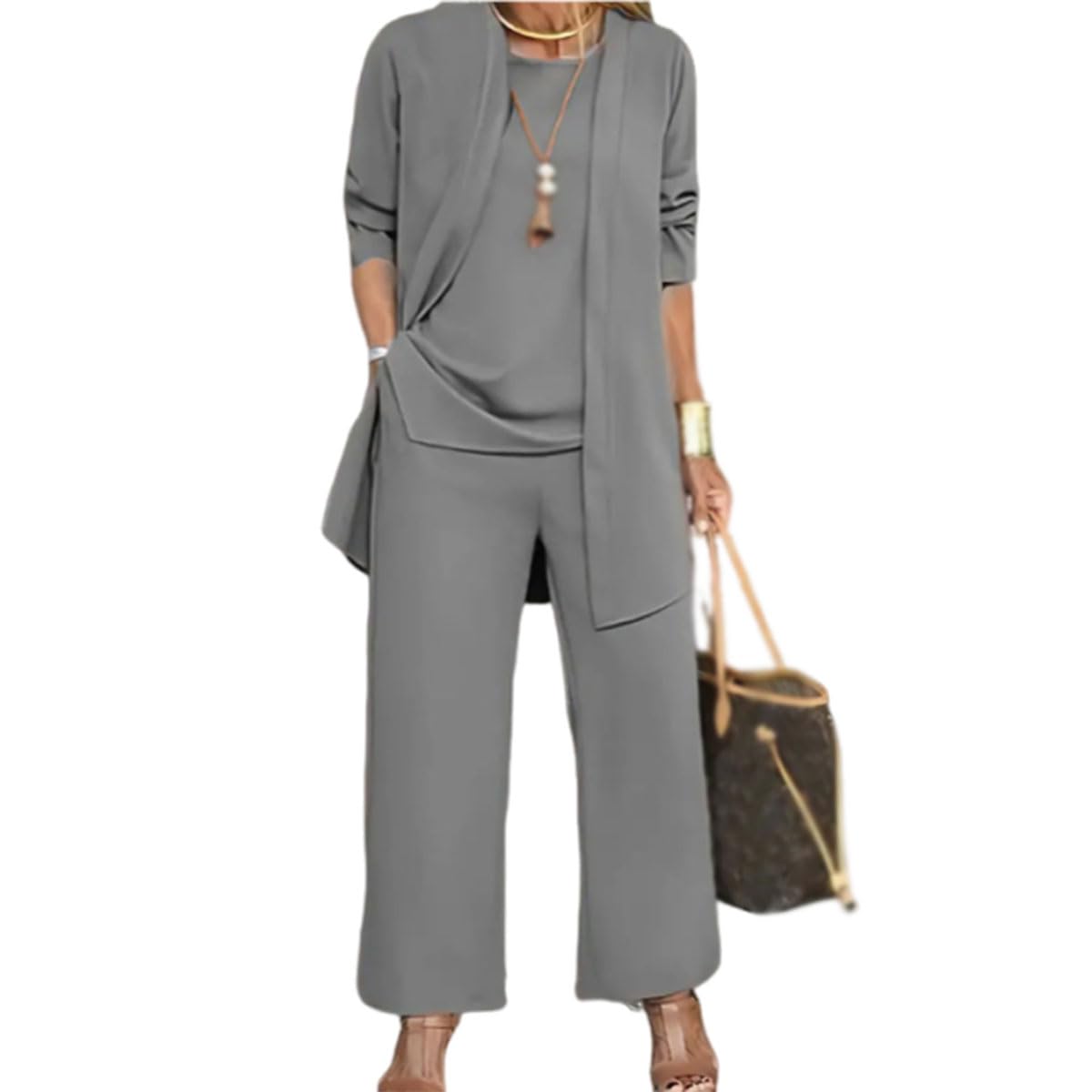 Ensemble élégant 3 pièces, cardigan long, haut et pantalon, tenue de voyage pour invitée de mariage