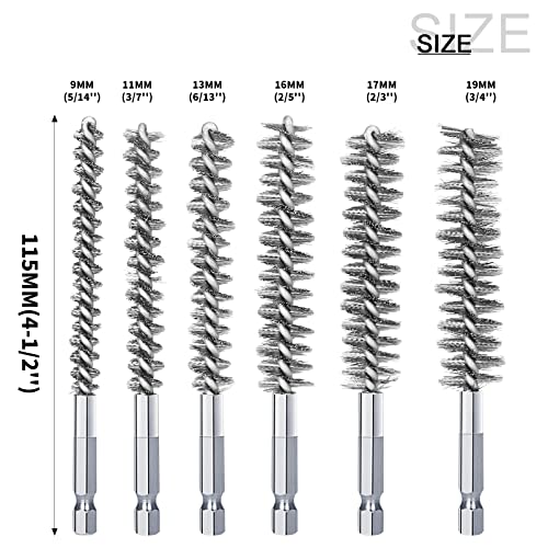 Image of 6Pcs Stainless Steel Bore Brush in Different Sizes Twisted Wire Cleaning Brush with Handle 1 /4 Inch Hex Shank for Power Drill Impact Driver