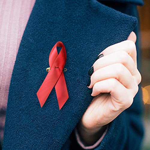 Image of 100 Pieces Red Satin Awareness Ribbons with Safety Pins for Fighting Against AIDS and HIV 1.4 x 3 inch