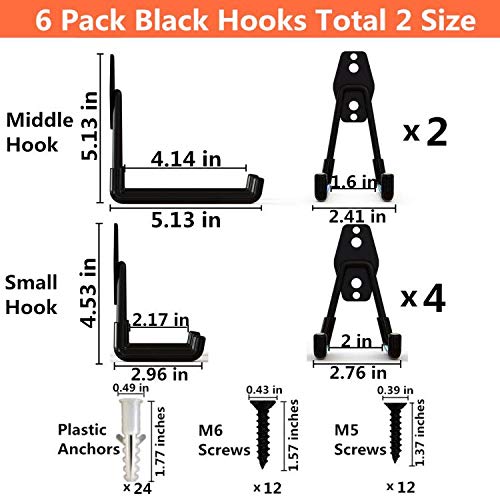 Yisunnan Garage Utility Double Hooks,Heavy Duty Steel Wall Mount Storage Organizer with Anti-Slip Coating,Load Capacity 66 LB (Black,2 Pack 5.1" + 4 Pack 3" Hook) - Image 3