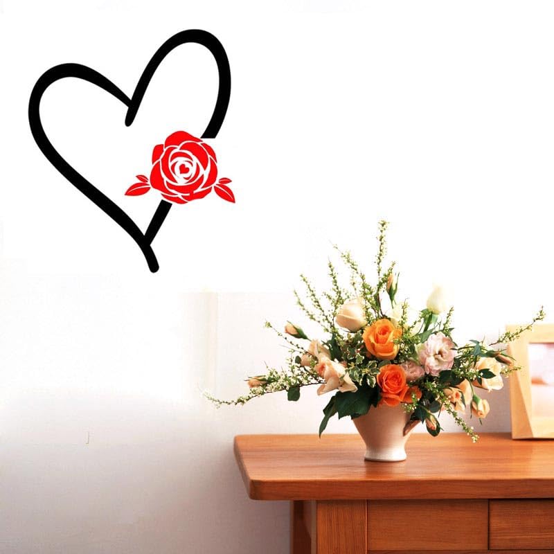 BIBITIME Big Heart Decal Stickers Love Rose Wall Decal Valentines Day Couple Decor for Bedroom Kids Room Vinyl Art Mural (Rose Flower-Black+Red, 16.93